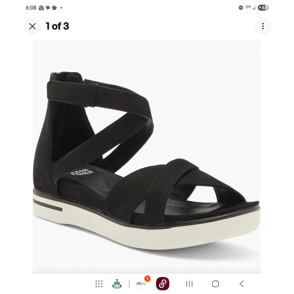 Eileen Fisher Sally Wedge Sandal Platform Women 8.5 Black Leather Zip Back #997